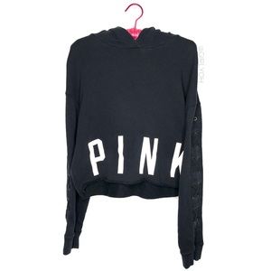 PINK Victoria’s Secret Black Lace Up Sleeve Crop Hoodie